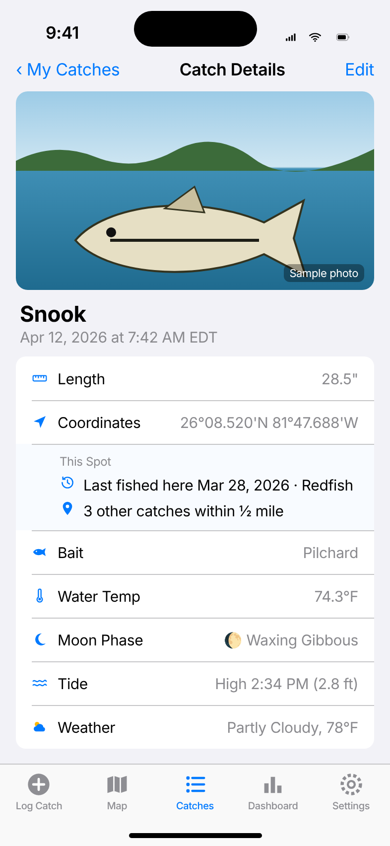 Catch details with a Last fished here section