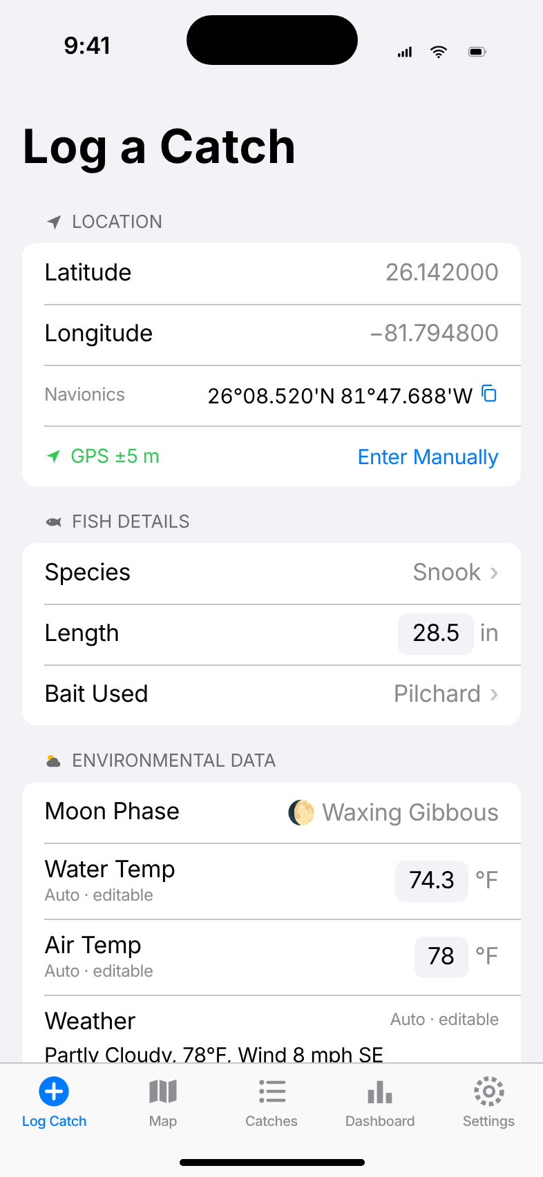 Log a Catch screen with location, species, bait, and auto-filled water temperature, weather, tide, and moon phase