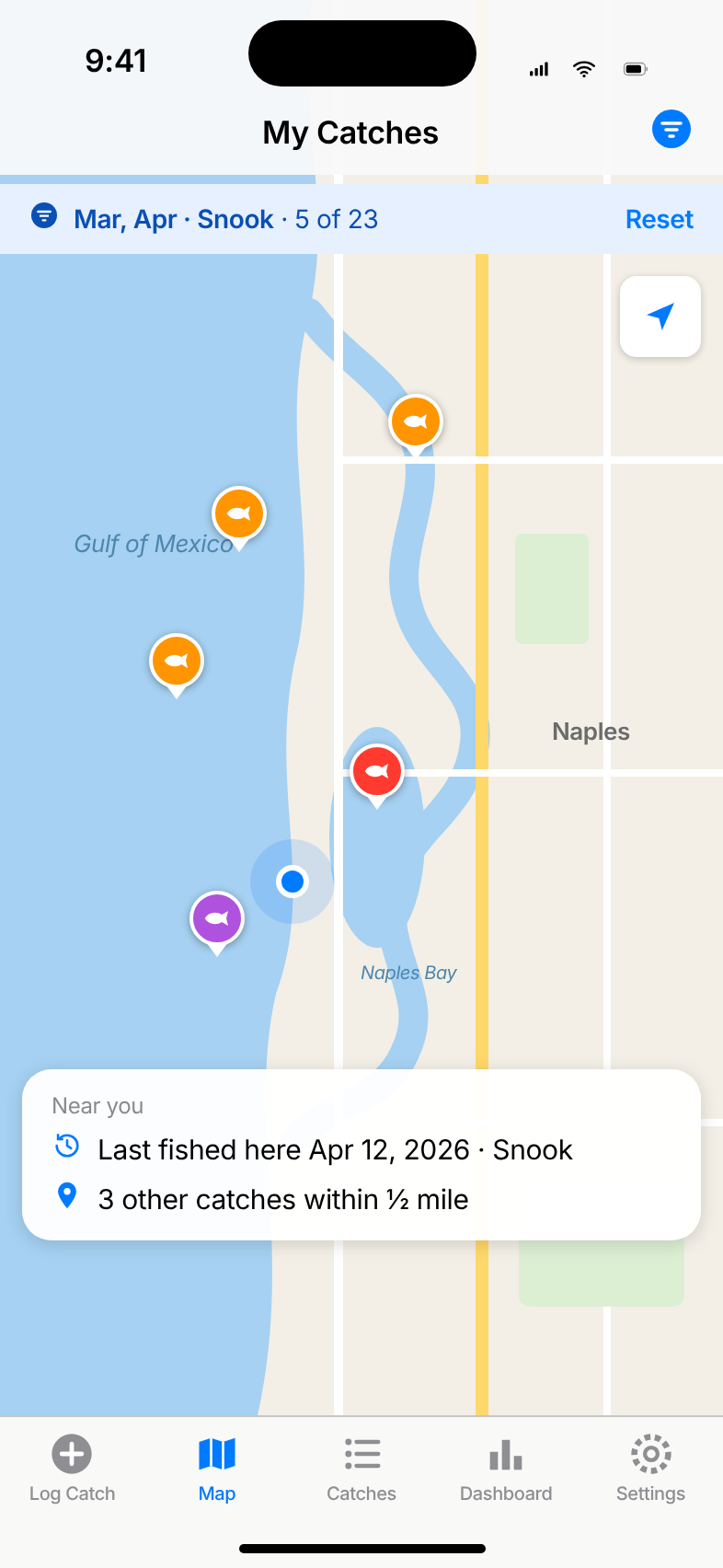 Map of catches near Naples, Florida, filtered to Snook in March and April, with a Last fished here card